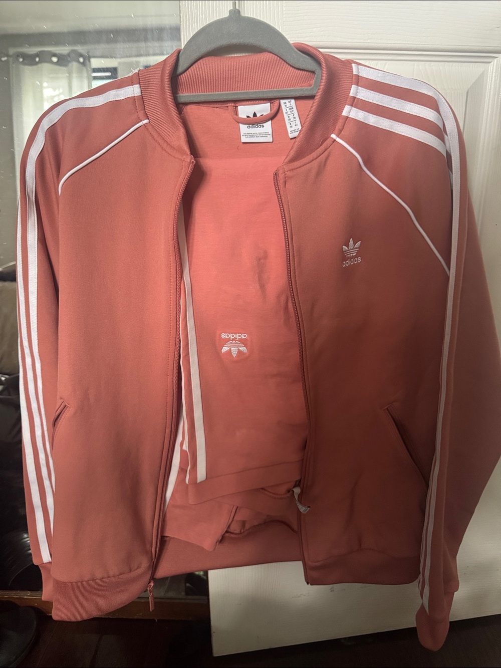 Adidas Coral Pink Trefoil Track Jacket and Pants Set with White Stripes